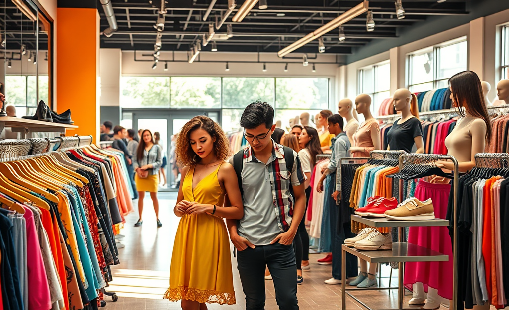 Imagem destacando diversas opções de produtos da SHEIN, incluindo roupas e acessórios.